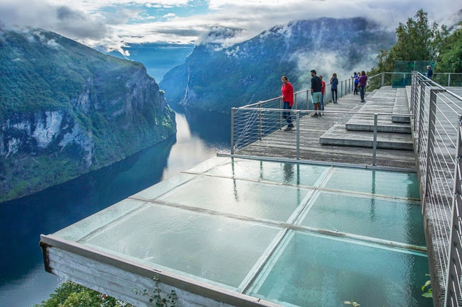 viewpoint of the fjord and distant waterfall