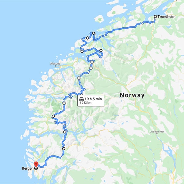 Map showing the road from Bergen to Trondheim