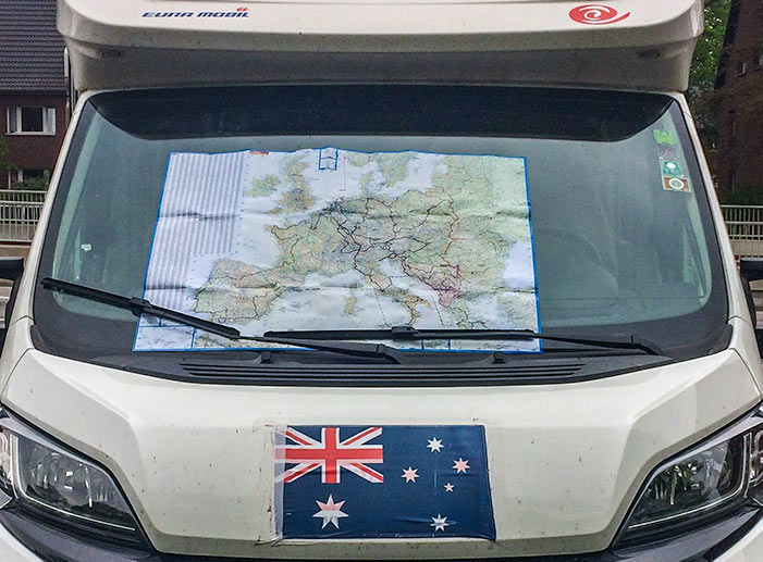 Motorhome with a map of Europe in the windscreen