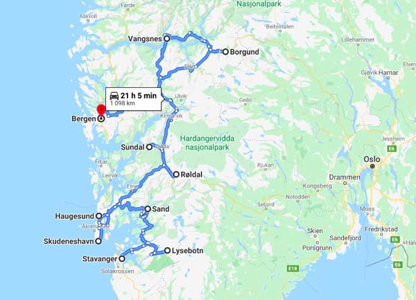 map of a driving route around norway
