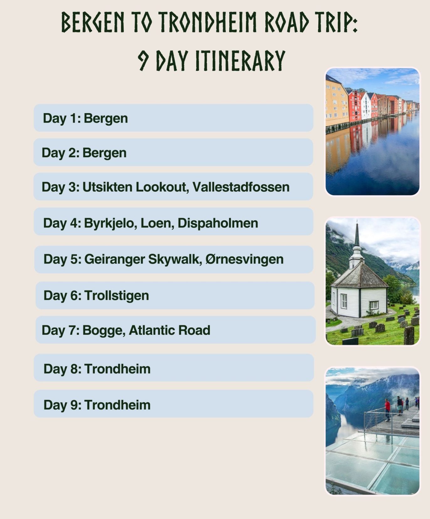 Bergen to Trondheim road trip 9 day itinerary