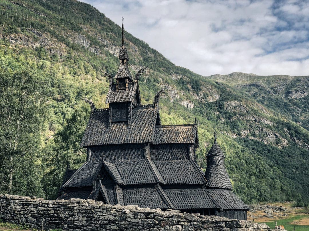 Borgund stave church in a country background