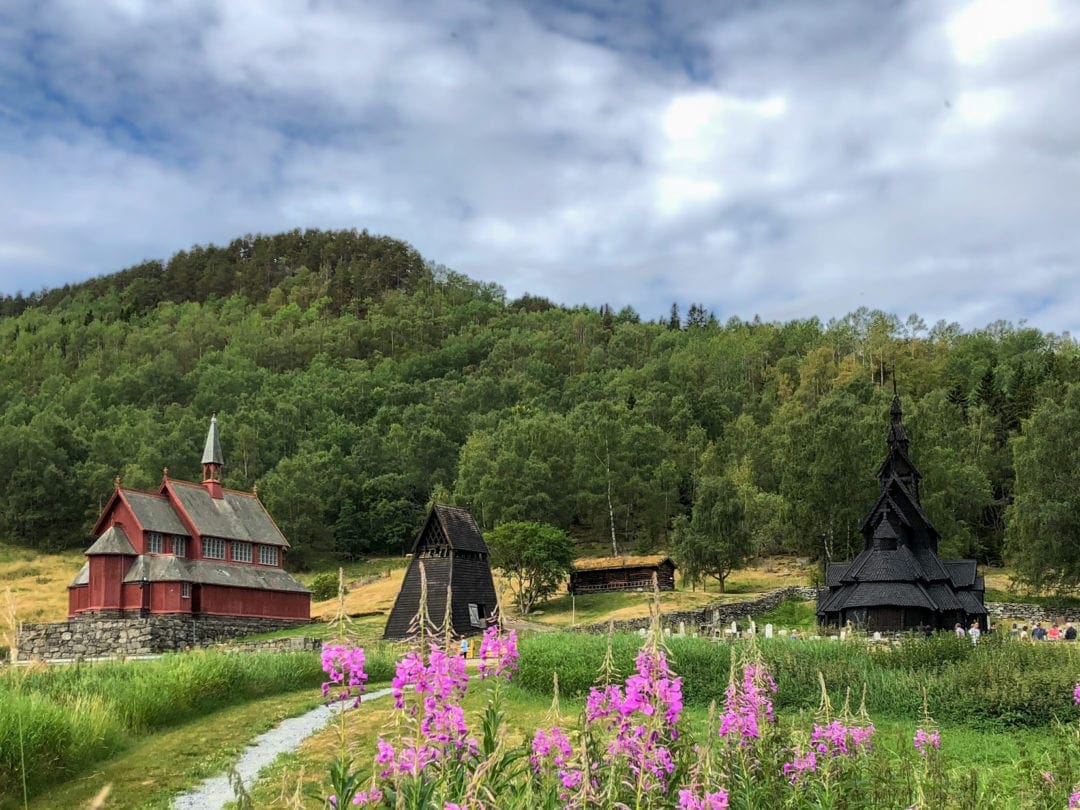 Borgund stave church and bellw tower with new Borgund church