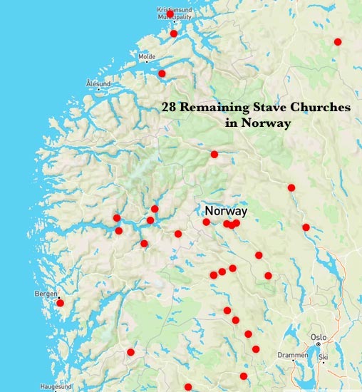 Map showing the remaining stave churches in Norway
