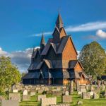 Stave church with a blue sky