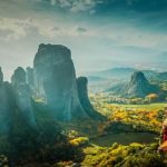 View across Meteora, Greece with monasteries perched on top of the rocks