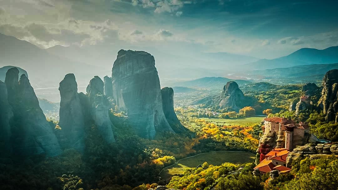 View across Meteora, Greece with monasteries perched on top of the rocks