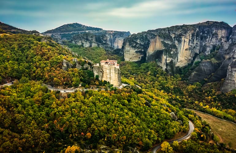 View across Meteora, Greece with monasteries perched on top of the rocks