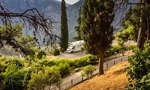 Motorhome parked beside the Delphi Ruins