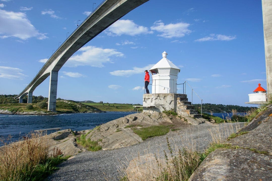 Saltstrauman bridge with lady looking at hte water from a lighthouse