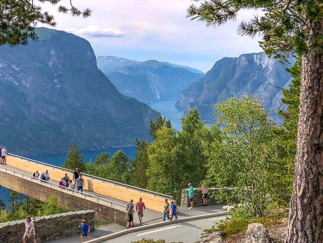 views down into a fjord above a lookout