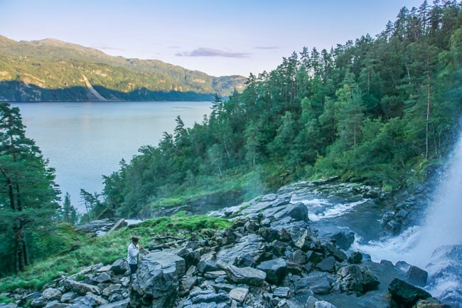 ‘Svandalsfossen’ waterfall with a fjord view