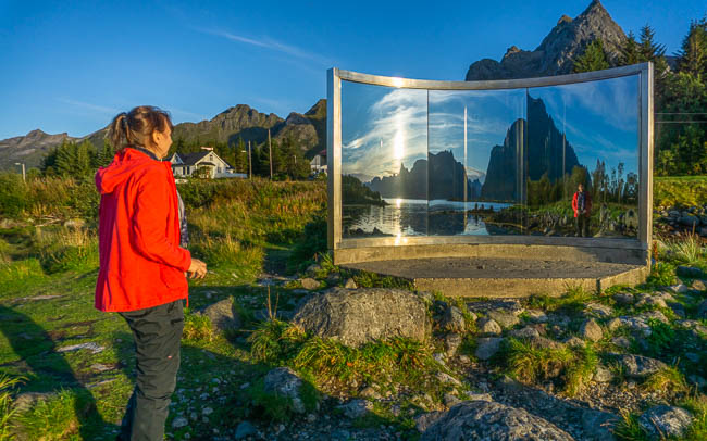 2 large concave mirrors that reflect the surrounding lakes and mountains