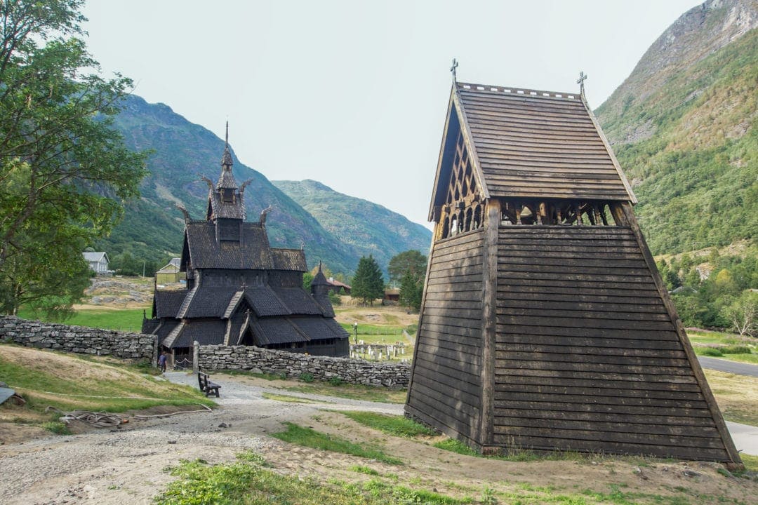 borgund bell tower and stave church in background