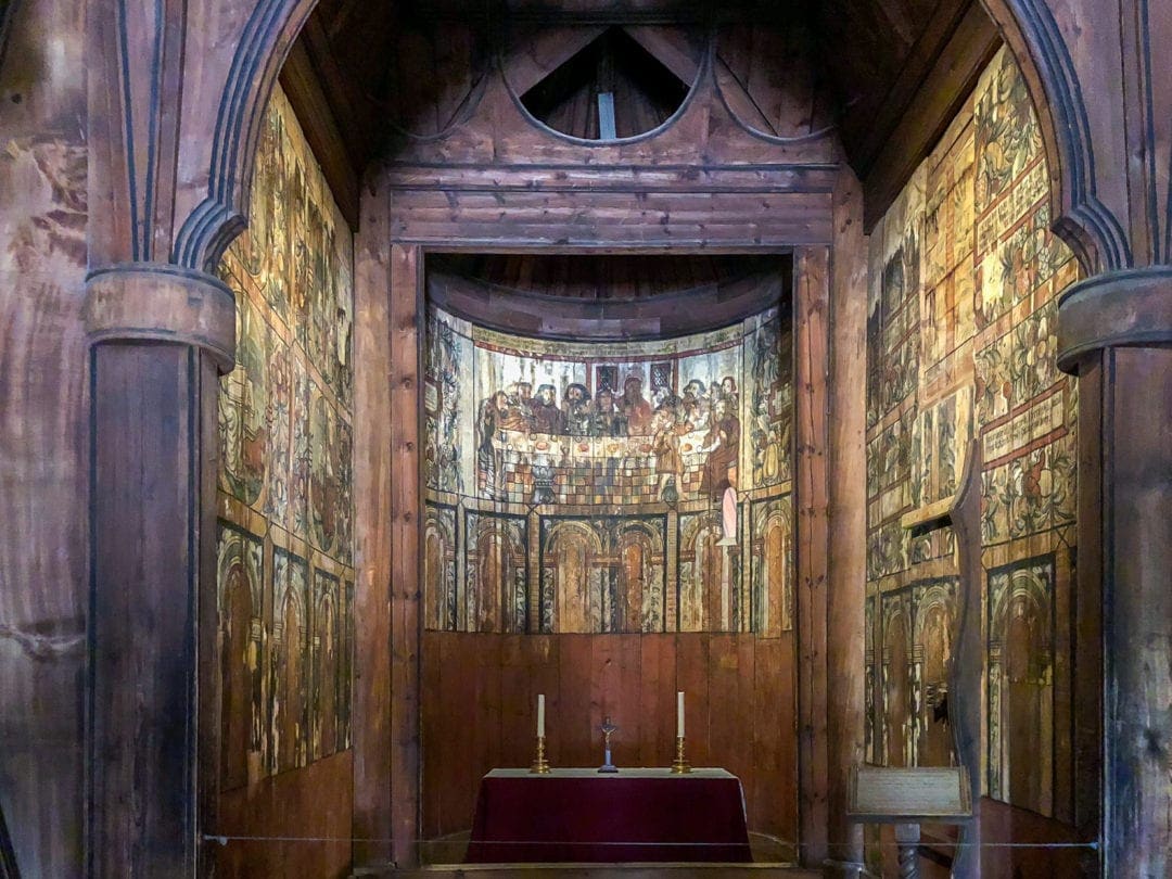gol stave church altar with motifs