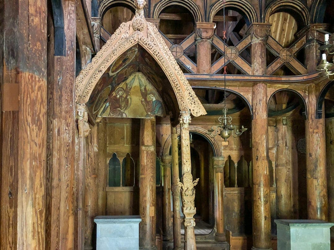 stave church inside wood carvings