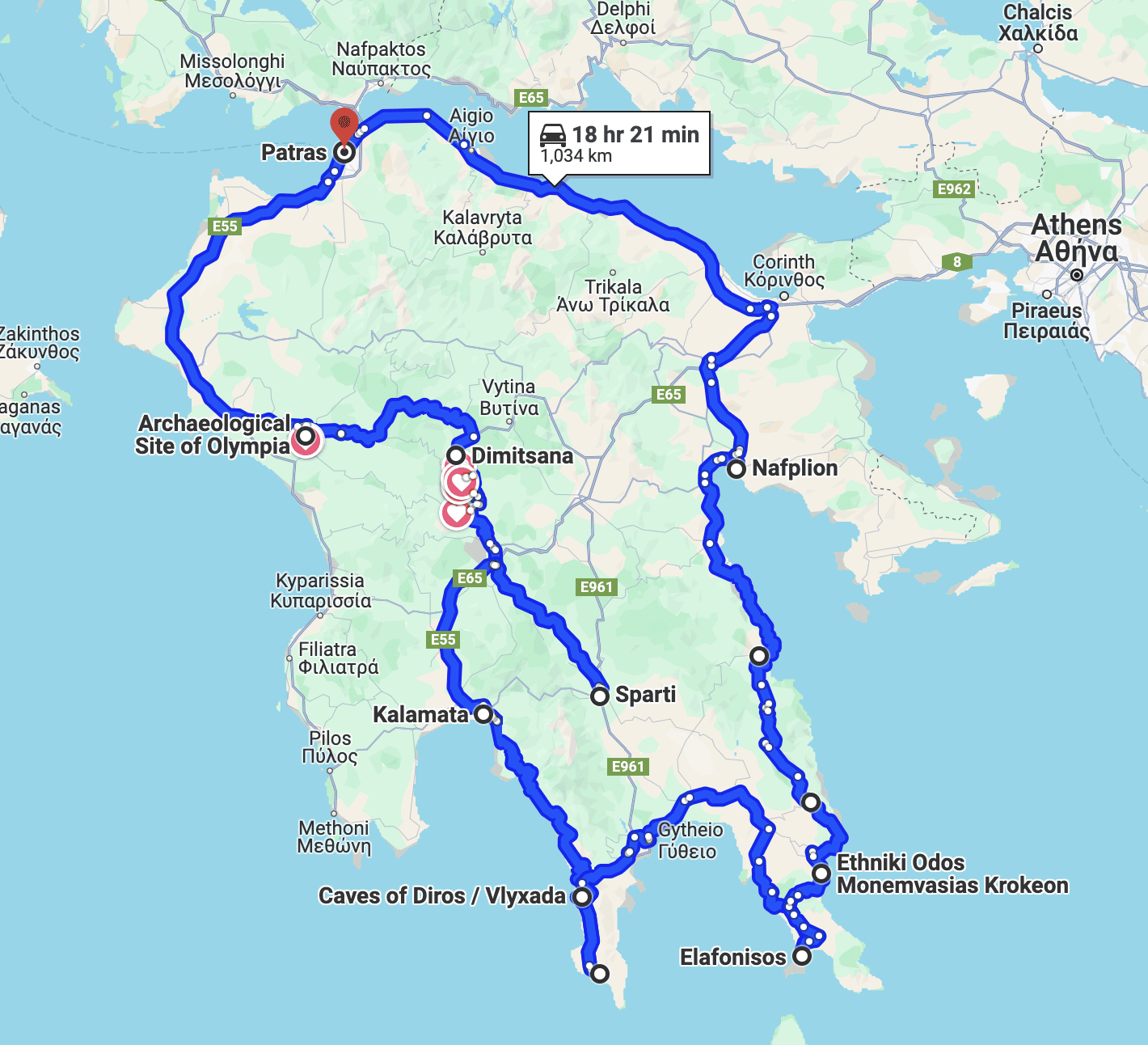 Peloponnese Road Trip Route