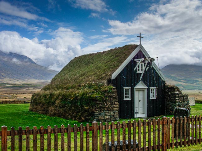 turf covered stone church in Iceland