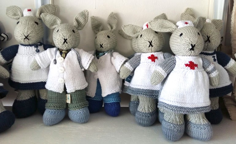 Knitted stuffed animals - bunny nurses and doctorsfrom Prince Albert Women's cooperative