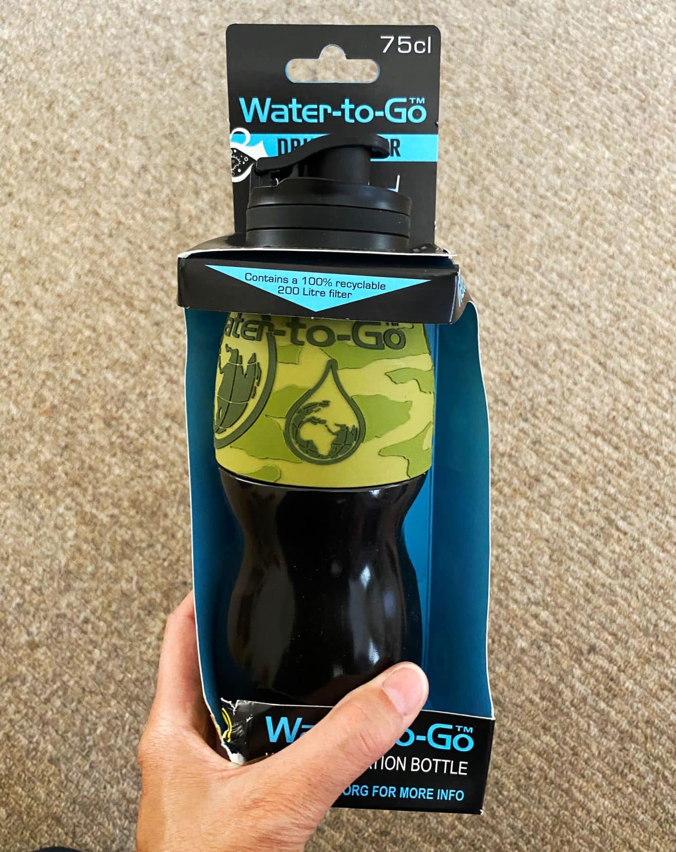 Our water to go botttle in its packaging 