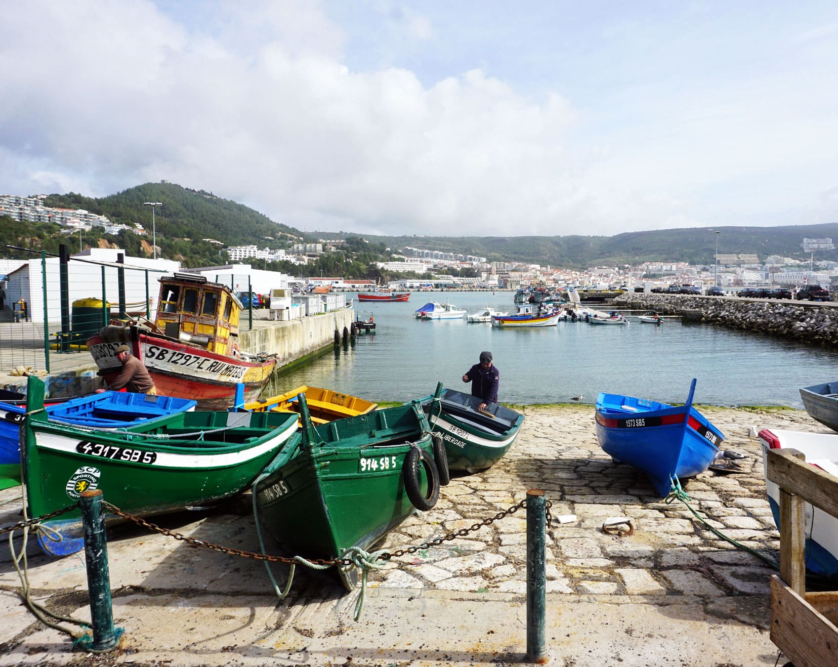 Sesimbra fishing village with coloured wooden fishing 