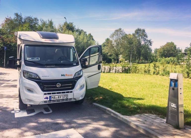 motorhome parked beside a power point in Heiningen Germany