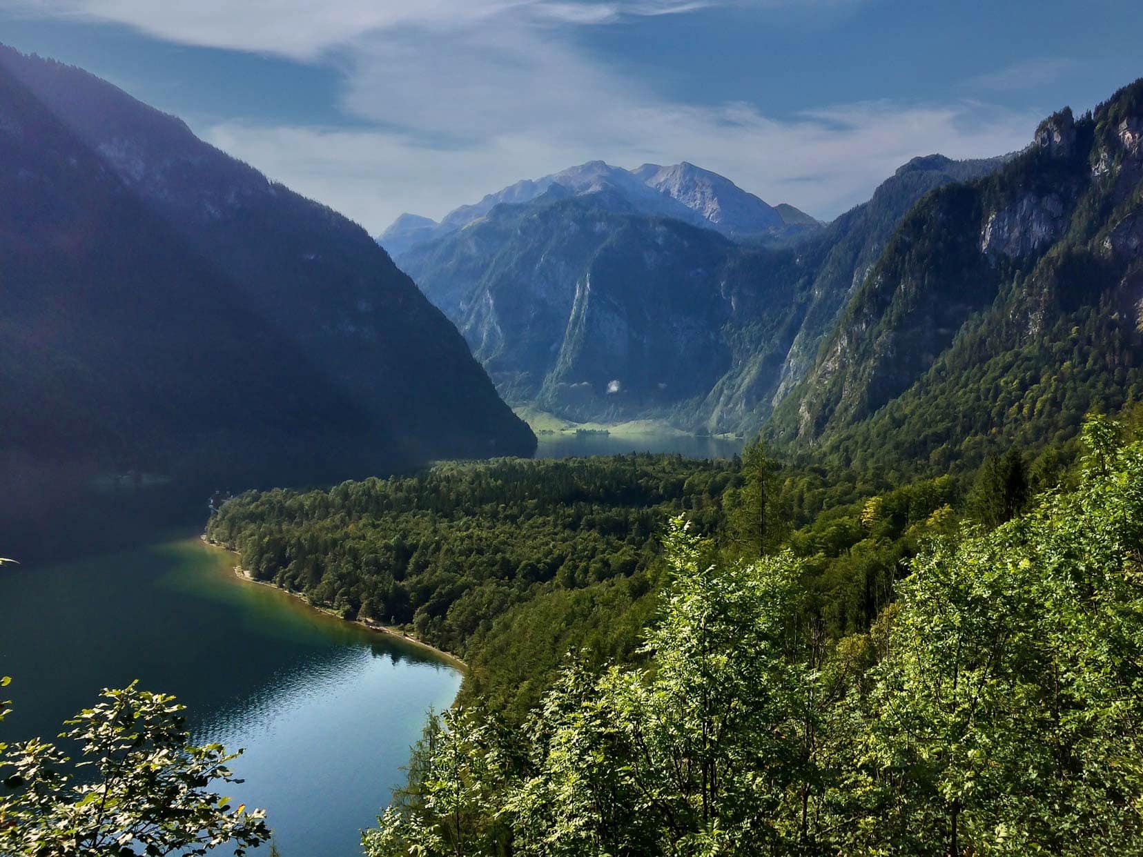 Lake-Konigssee---view-from-above of high mountains, forest and lake
