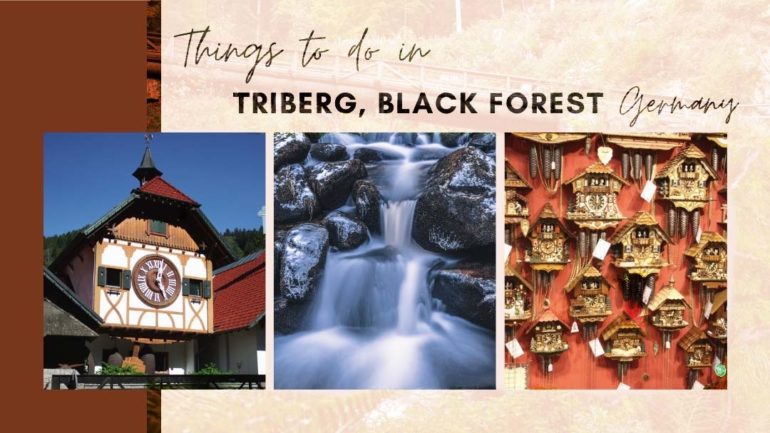 things to do in Triberg Germany header with a photo of the waterfall, largest cuckoo clock in the world and a wall of cuckoo clocks for sale