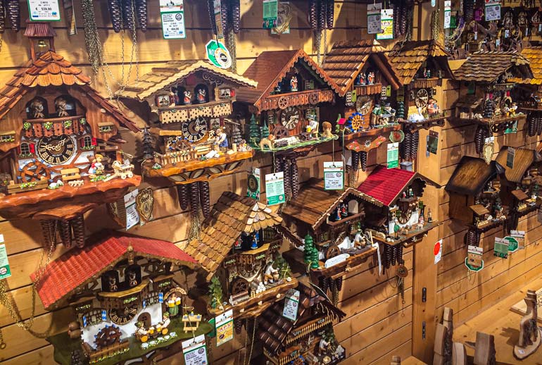 Lots of wooden cuckoo clocks