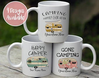 Gone camping mugs with various camper designs on mug