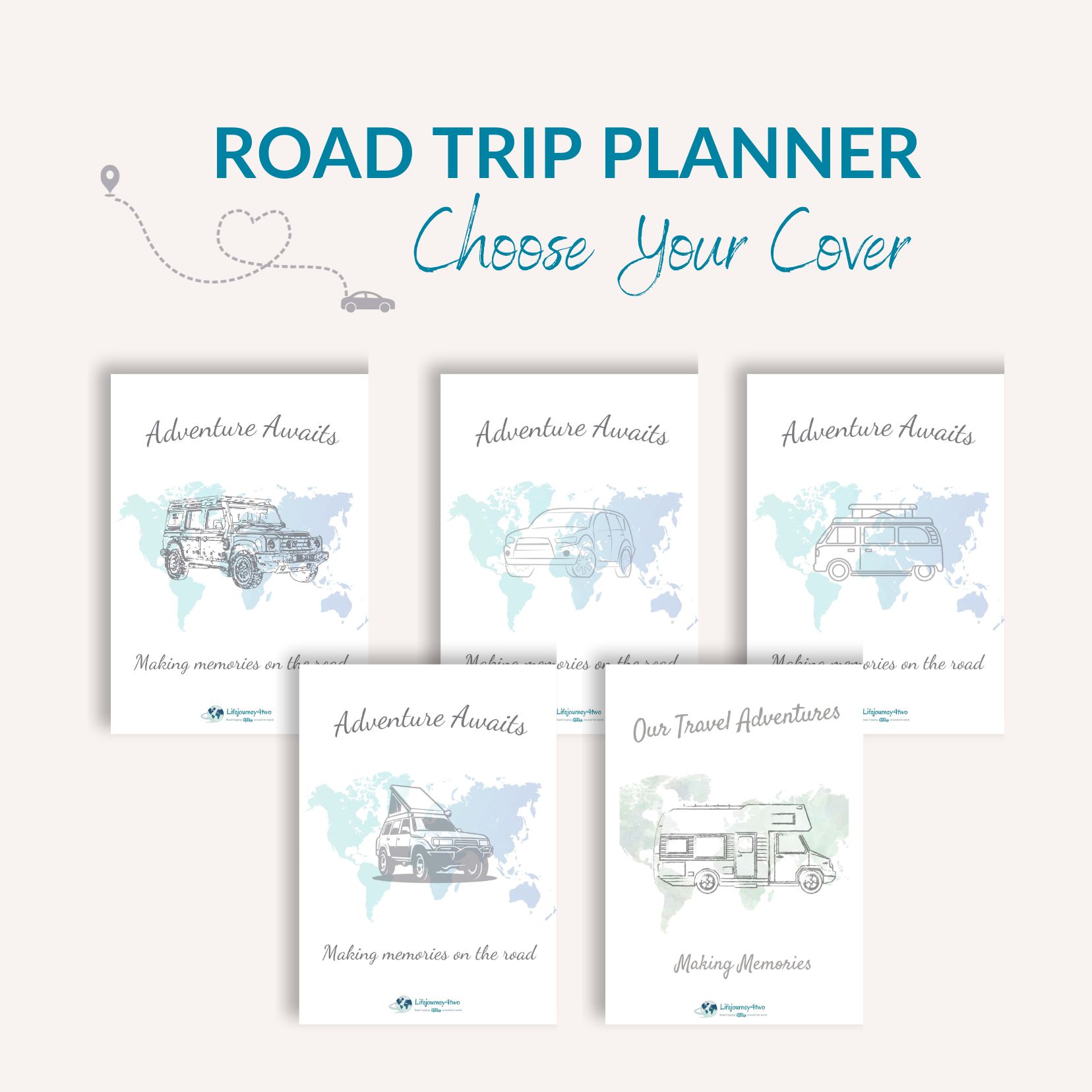 Road trip Planner with 5 different covers, car , camper, motorhome and Bush camper
