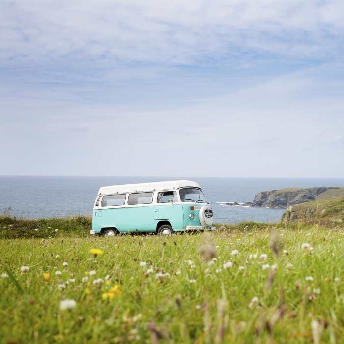 blue and white campervan