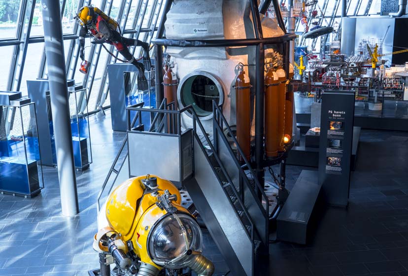 inside the petroleum museum in Stavanger - various nauticaldisplays including an underwater diving suit and models of oil rigs