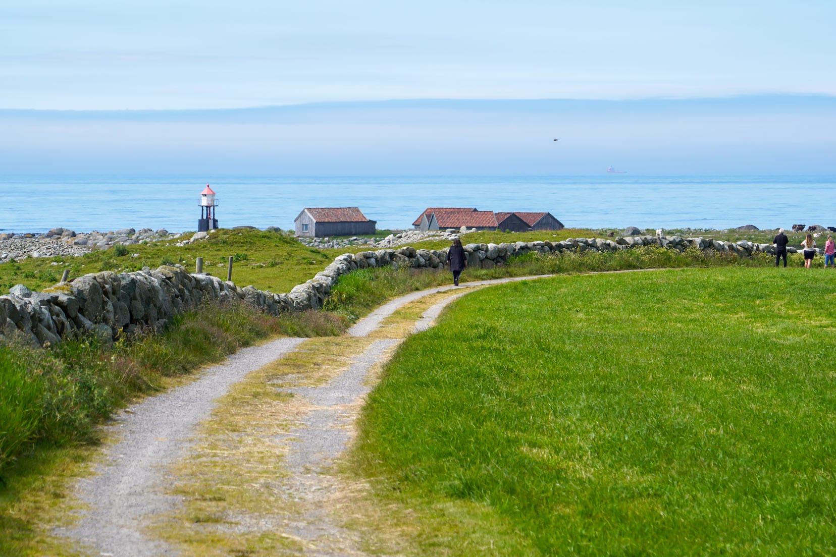 A pathway by a field and stone wall wiht the ocean in the background