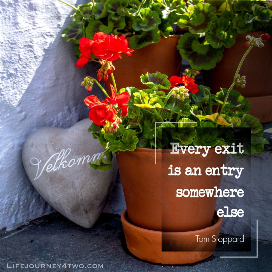 Quote on red geranium plant pot