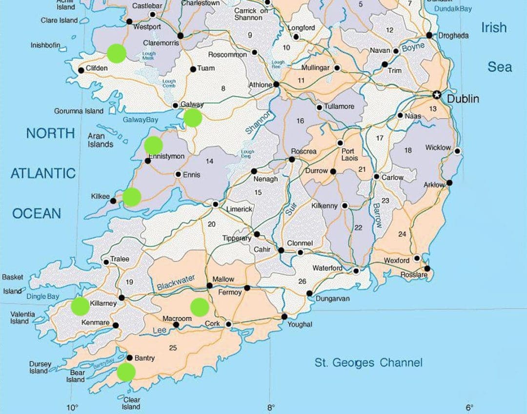 Map showing Ireland's different counties and where the photos were taken