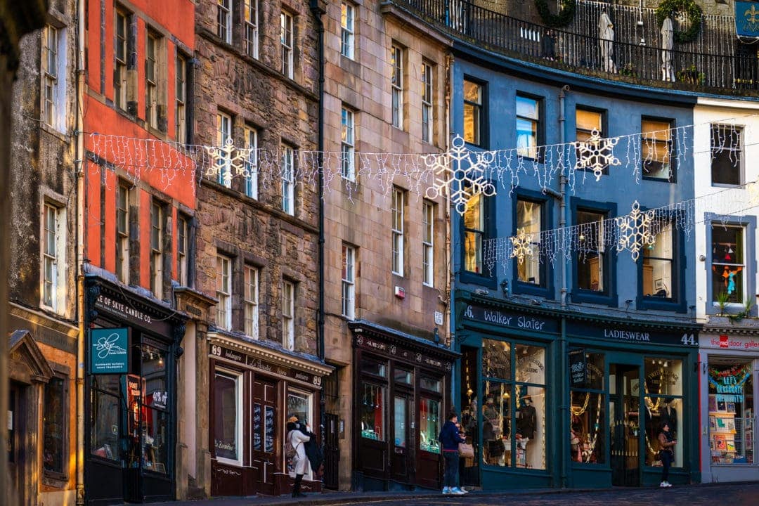 Grassmarket-area with coloured facade shops