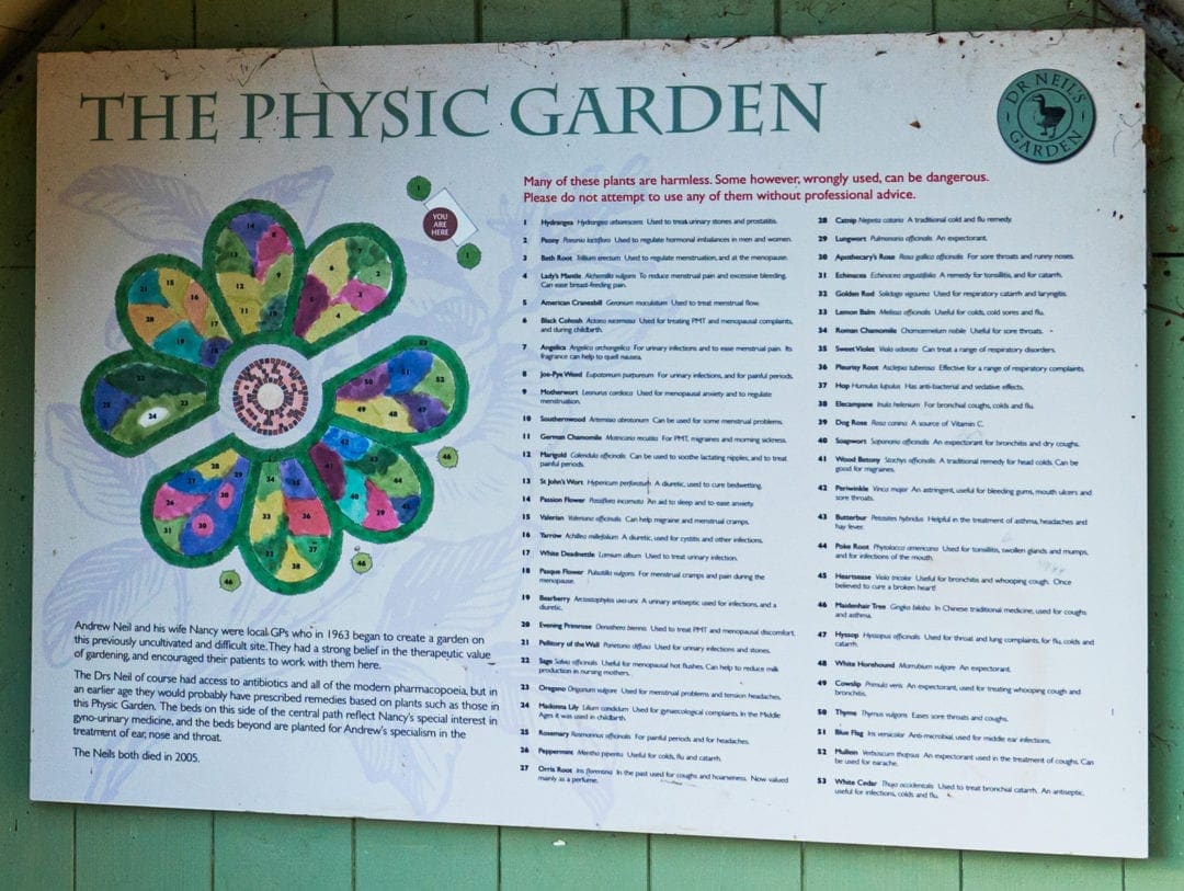 The Physic Garden sign showing the types of plant in each section