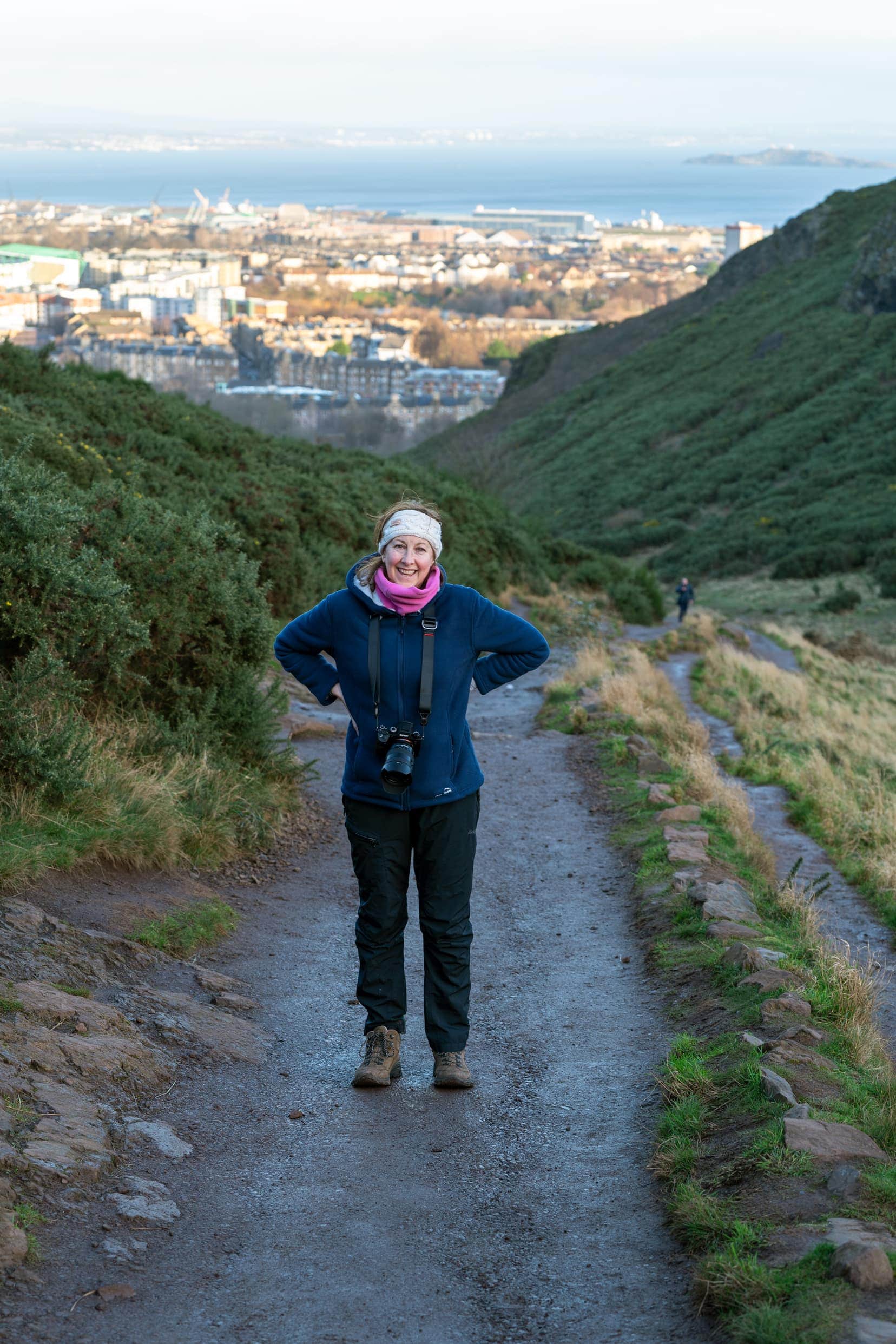 Shelley stood on path with Edinburgh in background