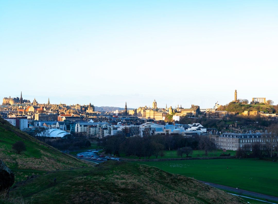 View of Edinburgh with the castle and calton hill memorial in the background