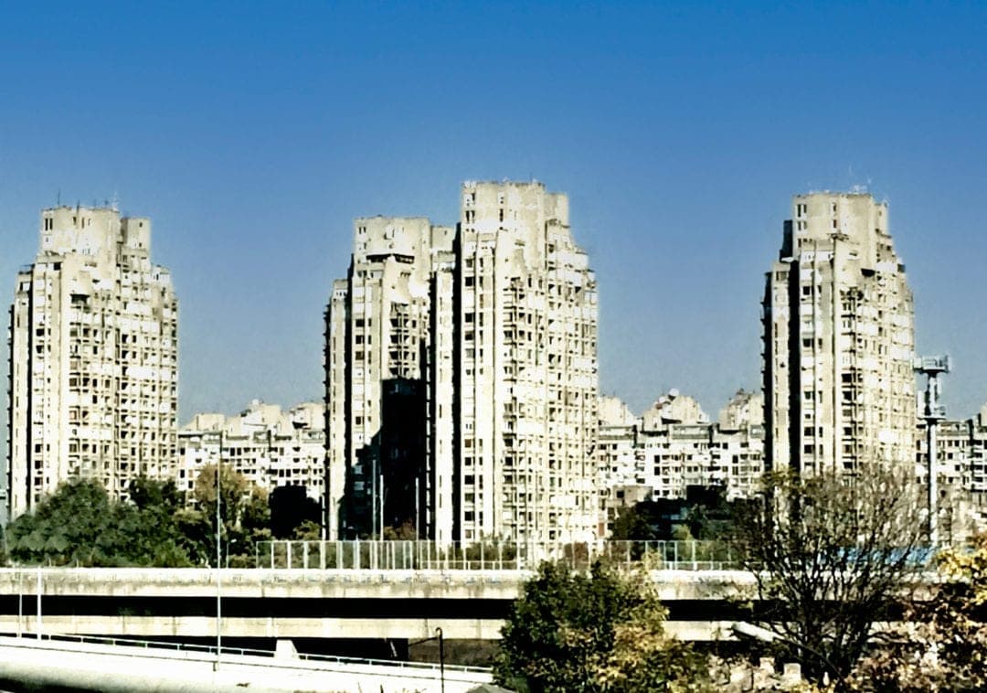 Tall grey blocks of apartment towers in serbia 