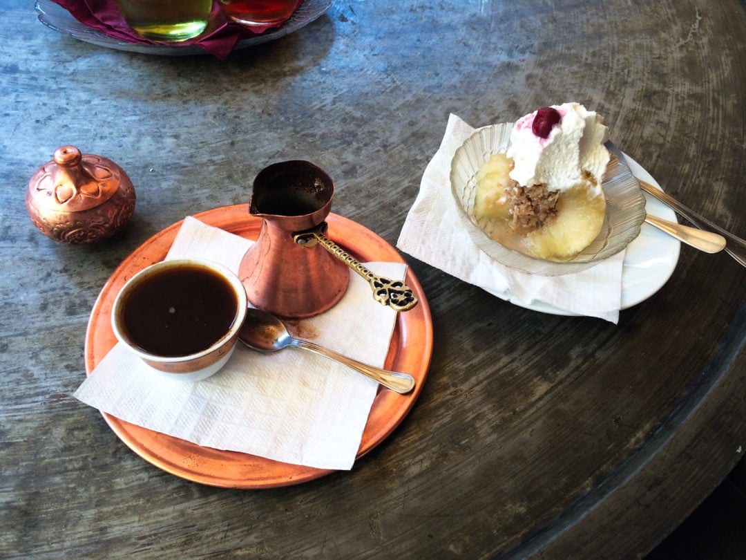 Bosnian coffee and a stuffed apple dessert