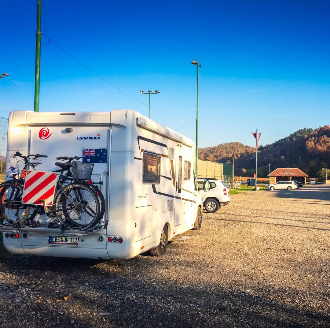 Motorhome parked in a car park in Serbia