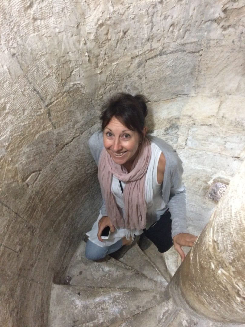Shelley climbing minaret in the mosque - narrow and windy stairs