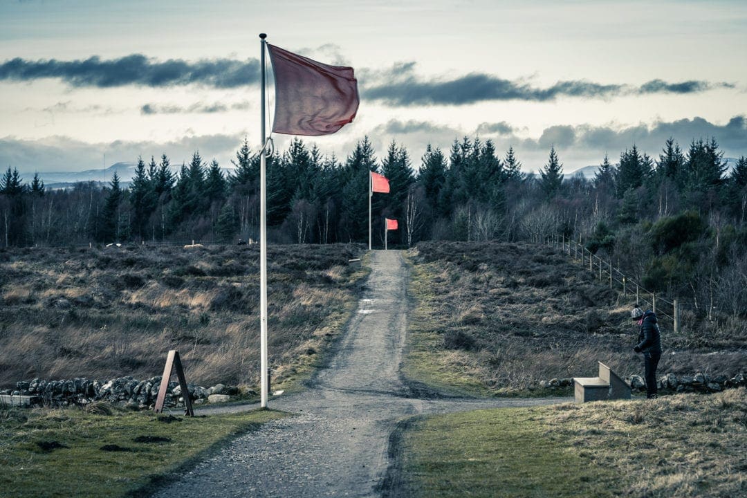 Culloden-Battlefield-with-three-red-flags