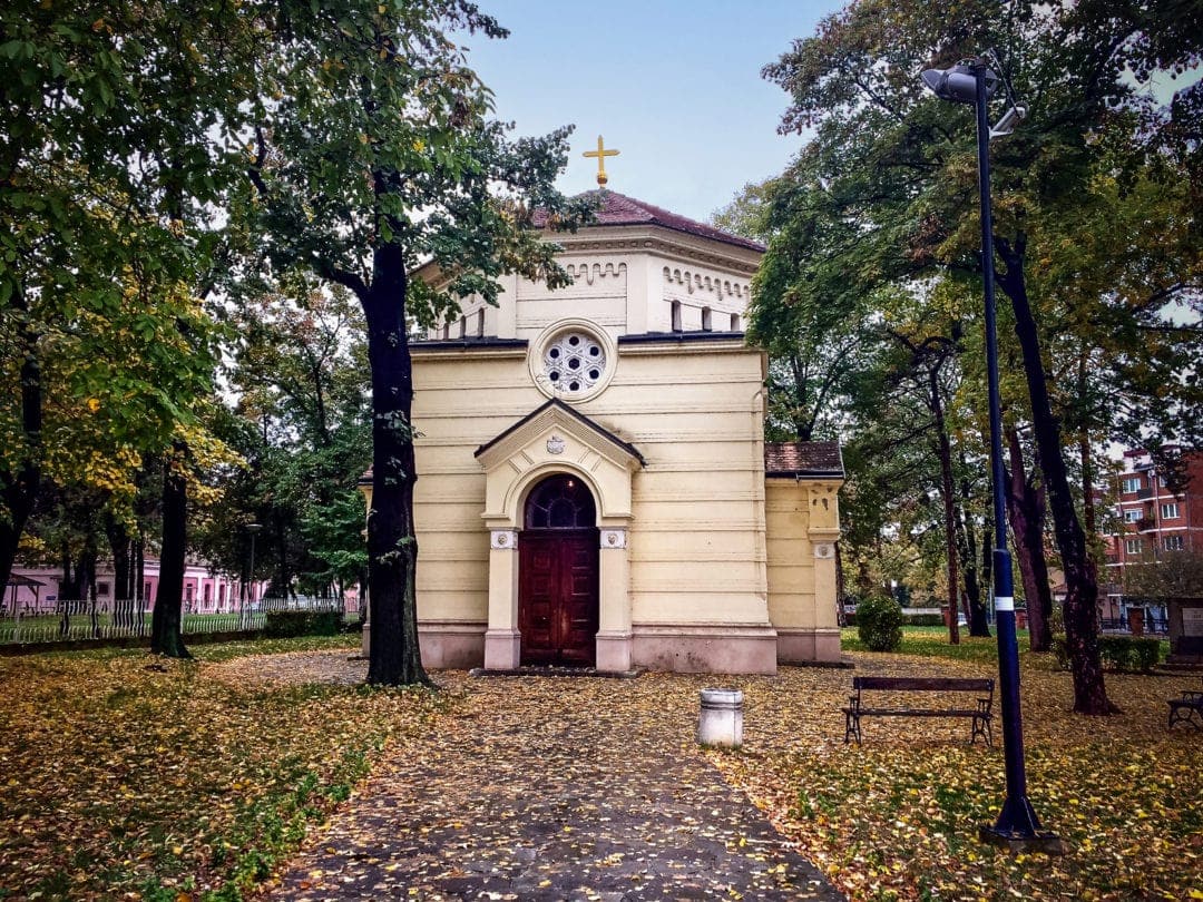 Nis skull church - small chapel like church at the end of path in a treed lined area
