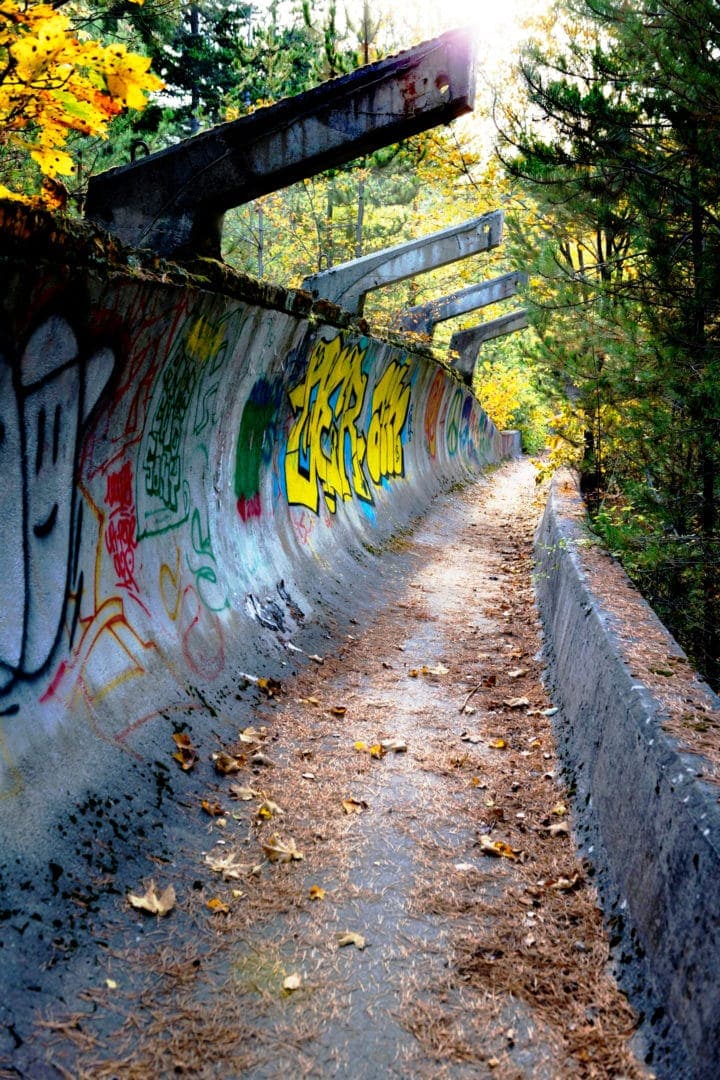 Sarajevo bob sled track covered in graffiti and bullet holes