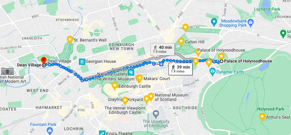 Walking in Edinburgh from dean village to Holyrood -google map