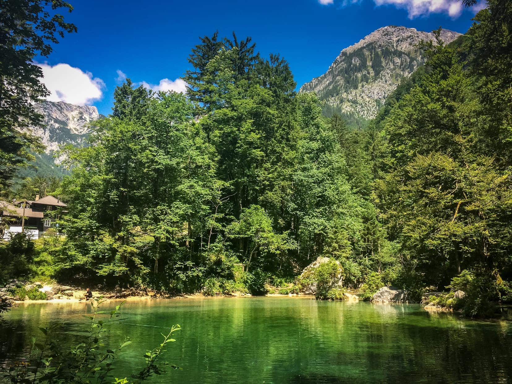 Kamniska-river with blue green water and trees around the lake 