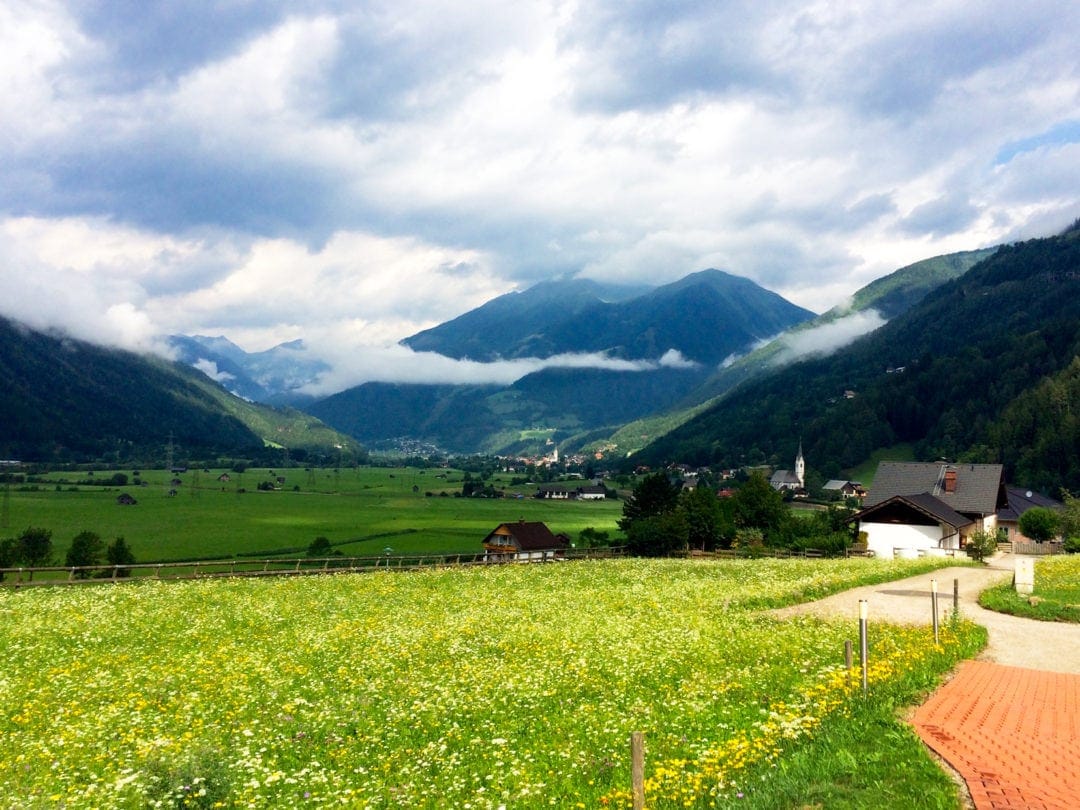 Obervellach view from Gaby and Henk Motorhome stop - mountains and green and yellow fields